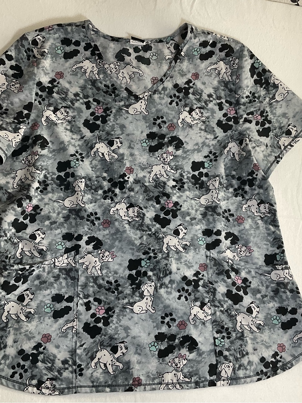 Disney Gray Dalmatian Paw Print Scrub Top with Pink & Teal Accents size XL